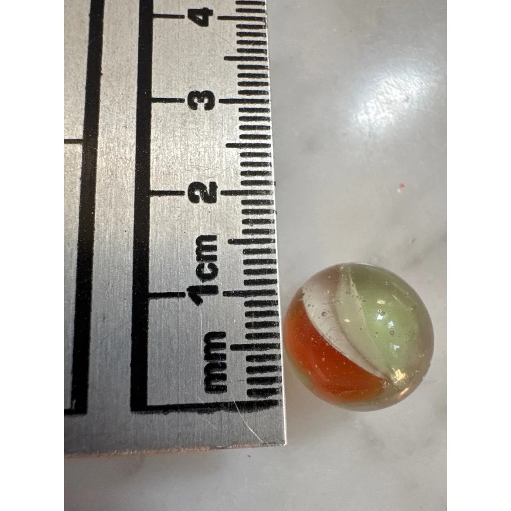 Vintage 15mm Glass Catseye Marble Orange Green White Tri-Color 4-Vane Swirl